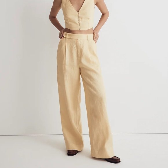 NWT Madewell Sz 16 Harlow Wide-Leg Linen Pants Light Straw Yellow Pleated NJ996 - Picture 1 of 12
